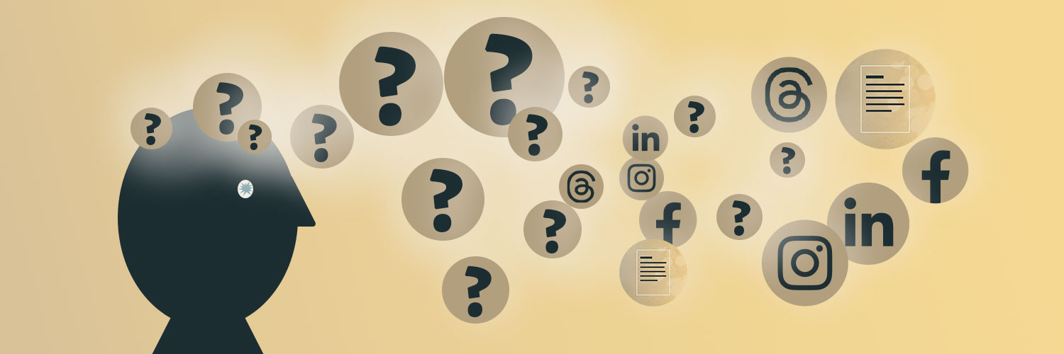 Illustration "Einfache Content-Ideen für deine Social Media Inhalte" mit einem Kopf, aus dem Fragezeichen aufsteigen, die sich nach rechts hin in immer mehr Social Media Icons verwandeln.