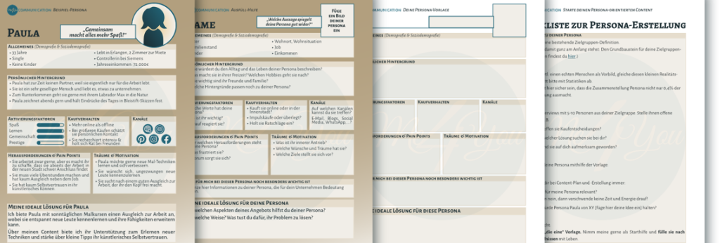 Vorschau aller Seiten der kostenloses Persona-Vorlage. Du kannst sie über das Bild direkt herunterladen. Inklusive Beispiel-Persona Paula, Ausfüll-Hilfe und einer kleinen Checkliste