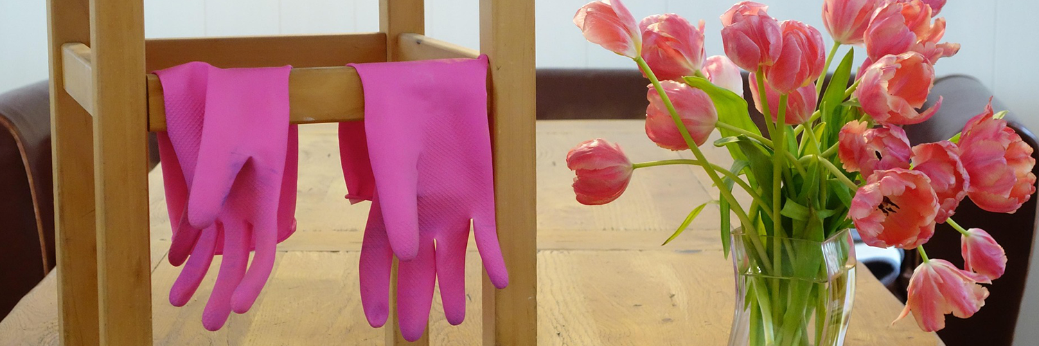 Titelbild Blog Content-Frühjahrsputz Pinke Putzhandschuhe hängen über den Querstreben zwischen den Beinen eines Stuhls. Rechts steht eine gläserne Blumenvase mit bunten Tulpen. Symbolbild für Updates und Frühjahrsputz in deinem Content